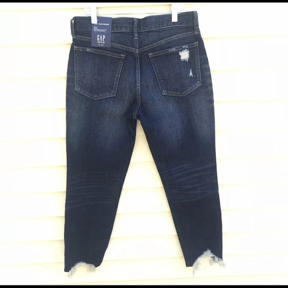 Gap Best Girlfriend Destroyed Hem Knee Patch Mid Rise Ankle Jeans Dark Blue - Picture 3 of 3